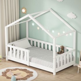 Kinderbett Hausbett 70x140 cm Weiß aus Kiefernholz Holzbett mit Rausfallschutz und Lattenrost ML-Design