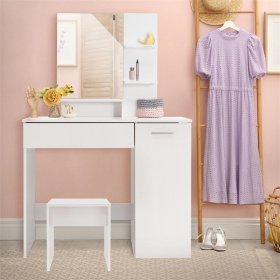 Schminktisch Frisiertisch 90x38x138 cm in Weiß mit Spiegel, Schublade, 3 Ablagen, Schrank & Hocker ML-Design