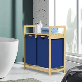Wäschekorb Wäschesammler aus Bambus mit zwei Fächern in Dunkelblau 2x30 Liter ML-Design