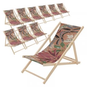 10er Set Gartenliege aus Holz in Floral Braun-Rot-Grün klappbarer Beachstuhl Strandstuhl Strandliege Liegestuhl Sonnenliege Relaxliege