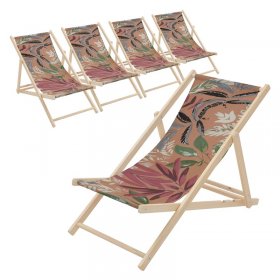 5er Set Gartenliege aus Holz in Floral Braun-Rot-Grün klappbarer Beachstuhl Strandstuhl Strandliege Liegestuhl Sonnenliege Relaxliege