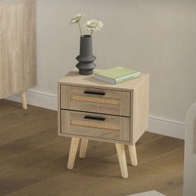 Nachttisch 40x50,5x30 cm Eiche-Optik Beistelltisch mit 2 Schubladen und Rattanfront & Massivholzfüßen ML-Design Nachttisch 40x50,5x30 cm Eiche-Optik Beistelltisch mit 2 Schubladen und Rattanfront & Massivholzfüßen ML-Design