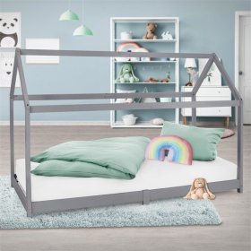 Kinderbett Hausbett 90x200 cm Hellgrau aus Kiefernholz Holzbett mit Dach und Lattenrost ML-Design Kinderbett Hausbett 90x200 cm Hellgrau aus Kiefernholz Holzbett mit Dach und Lattenrost ML-Design