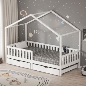 Kinderbett Hausbett mit 2 Schubkasten 90x200 cm Weiß aus Kiefernholz mit Rausfallschutz und Lattenrost ML-Design