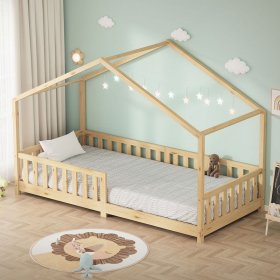 Kinderbett Hausbett 90x200 cm Natur aus Kiefernholz Holzbett mit Rausfallschutz und Lattenrost ML-Design