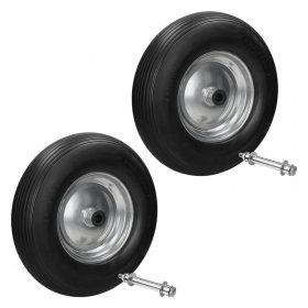 2er Set Schubkarrenrad 390 mm 4.80/4.00-8 mit Achse Linienprofil Schwarz aus PU Vollgummi