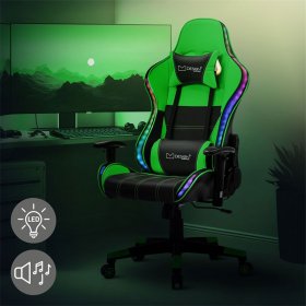 Gamingstuhl mit RGB Beleuchtung & Bluetoothboxen Schwarz/Grün aus Kunstleder ML-Design