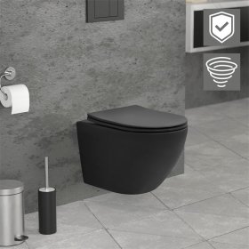 Wand-WC Hänge Toilette aus Keramik Matt Schwarz 49 cm lang Spülrandlos mit Nanoversiegelung & Softclose Luxebath