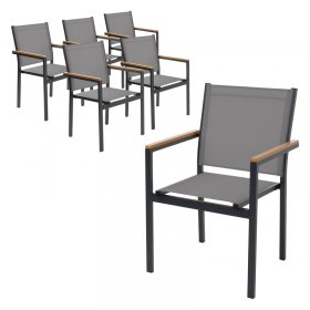 Gartenstühle 6er Set mit Armlehnen Dunkelgrau aus Textilene, Balkonstuhl mit Aluminiumgestell ML-Design