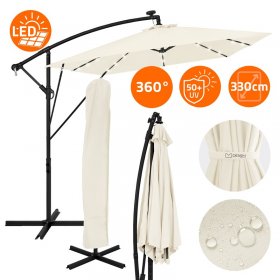 Ampelschirm Ø 330 cm mit LED Solar Beige 360° Alu Rechteckig Sonnenschirm mit Kurbel, Abdeckung & Ständer ML-Design