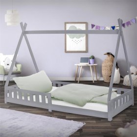 Kinderbett Tipi 90x200 cm Hellgrau aus Kiefernholz mit Rausfallschutz und Lattenrost Holzbett ML-Design Kinderbett Tipi 90x200 cm Hellgrau aus Kiefernholz mit Rausfallschutz und Lattenrost Holzbett ML-Design