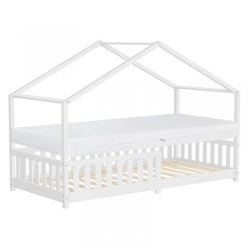Kinderbett Hausbett 90x200 cm Weiß aus Kiefernholz mit Matratze H:16cm Rausfallschutz und Lattenrost ML-Design