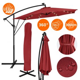 Ampelschirm Ø 300 cm mit LED Solar, Rot 360° Alu Sonnenschirm mit Kurbel, Abdeckung & Ständer ML-Design