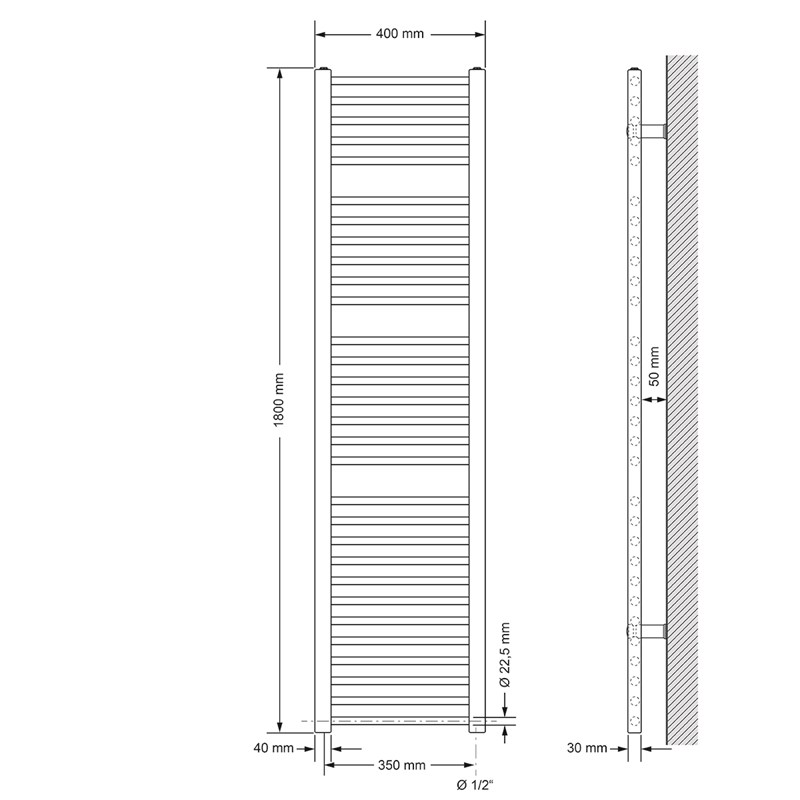 Badheizkörper Sahara 400x1800 mm Weiß gerade mit Seitenanschluss