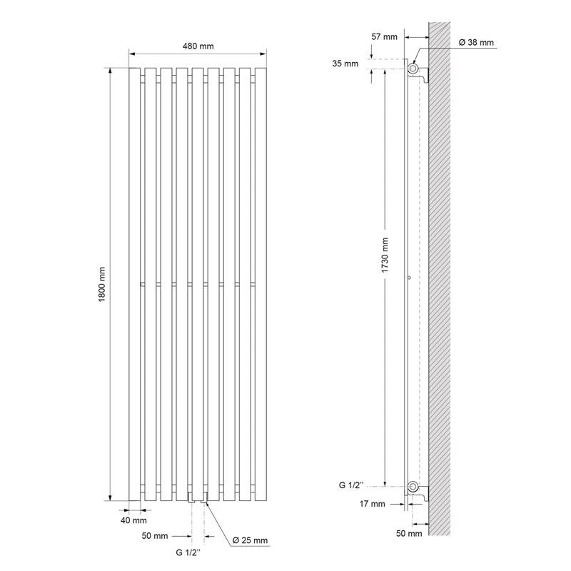 Badheizkörper Stella 480x1800 mm Anthrazit