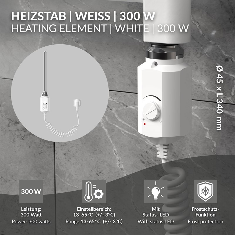 Heizstab 300W Weiß mit Thermostat für Badheizkörper LuxeBath
