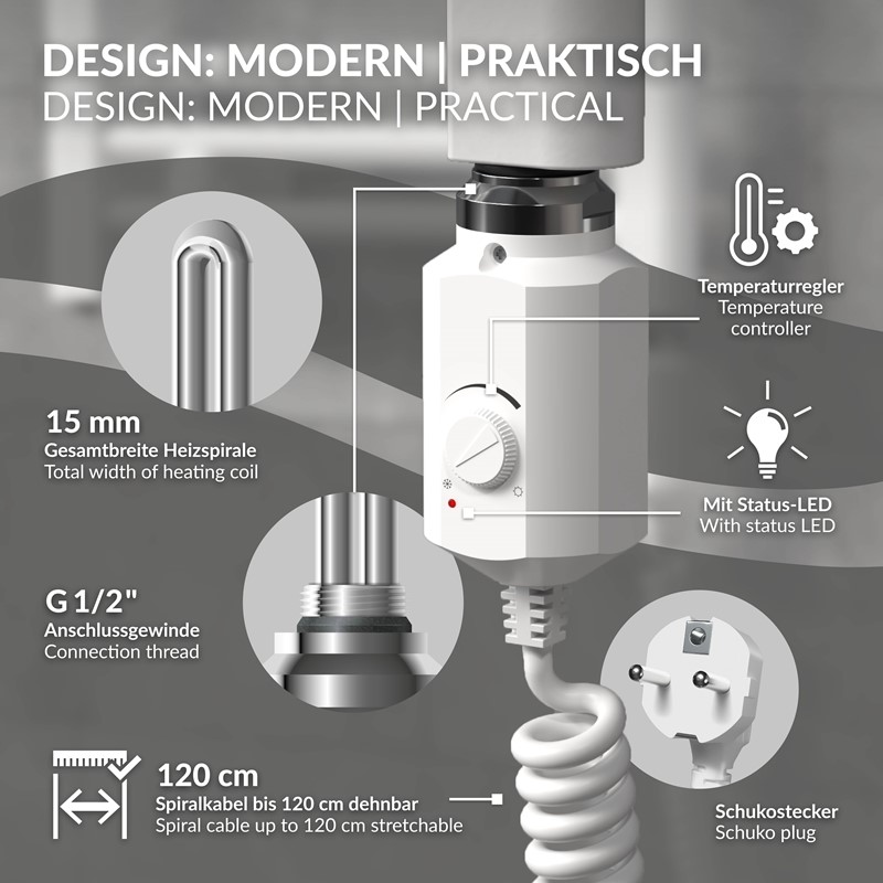 Heizstab 300W Weiß mit Thermostat für Badheizkörper LuxeBath