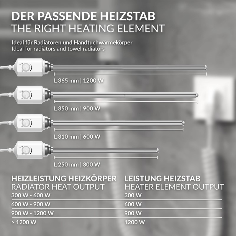 Heizstab 300W Weiß mit Thermostat für Badheizkörper LuxeBath