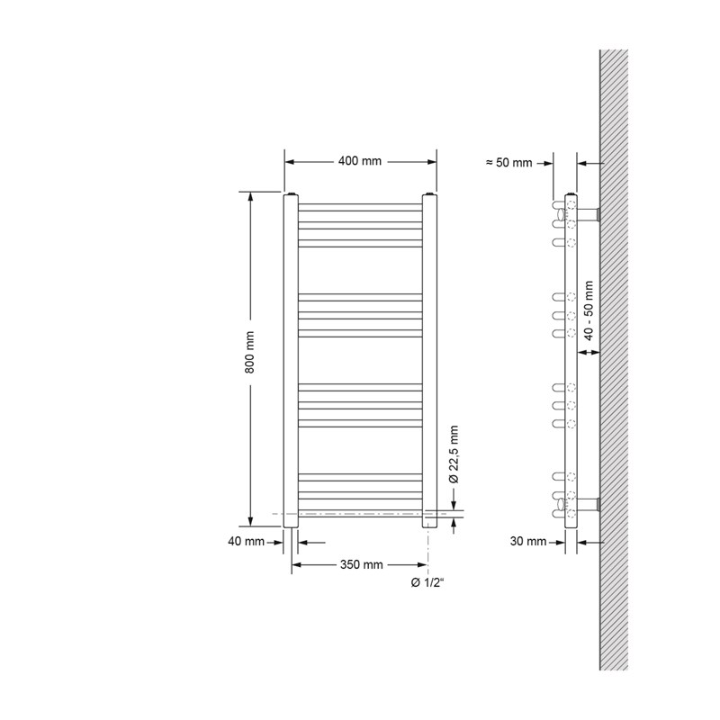 Badheizkörper Elektrisch mit Heizstab 300W 400x800 mm Chrome gebogen mit Seitenanschluss