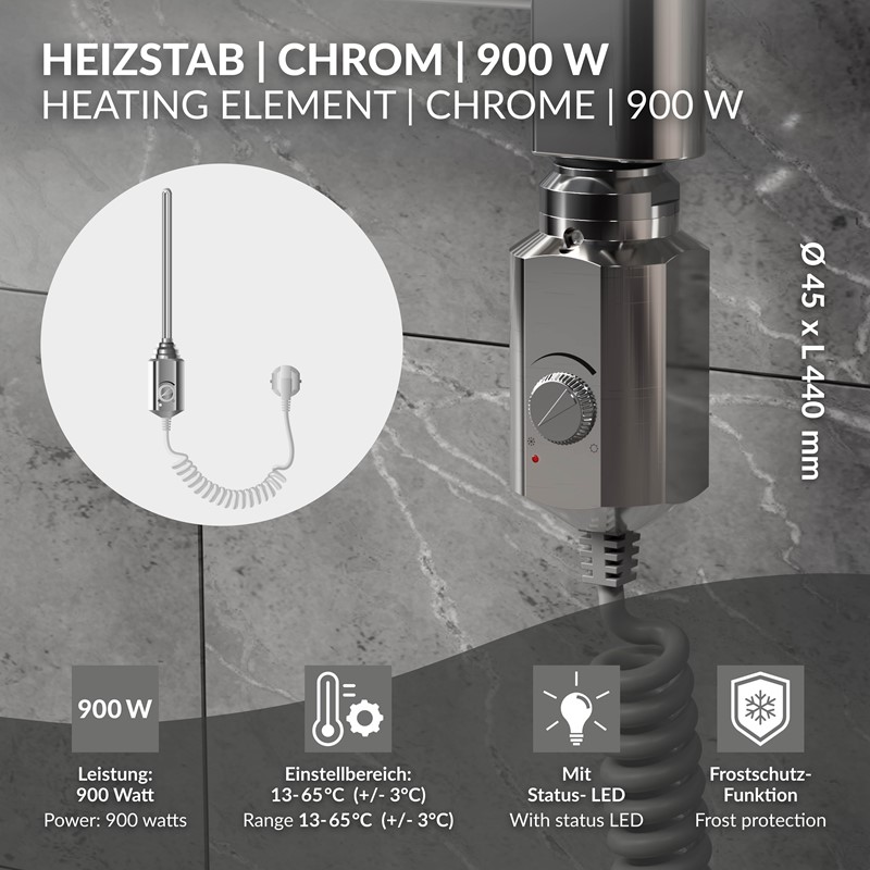 Heizstab 900W Chrome mit Thermostat für Badheizkörper LuxeBath