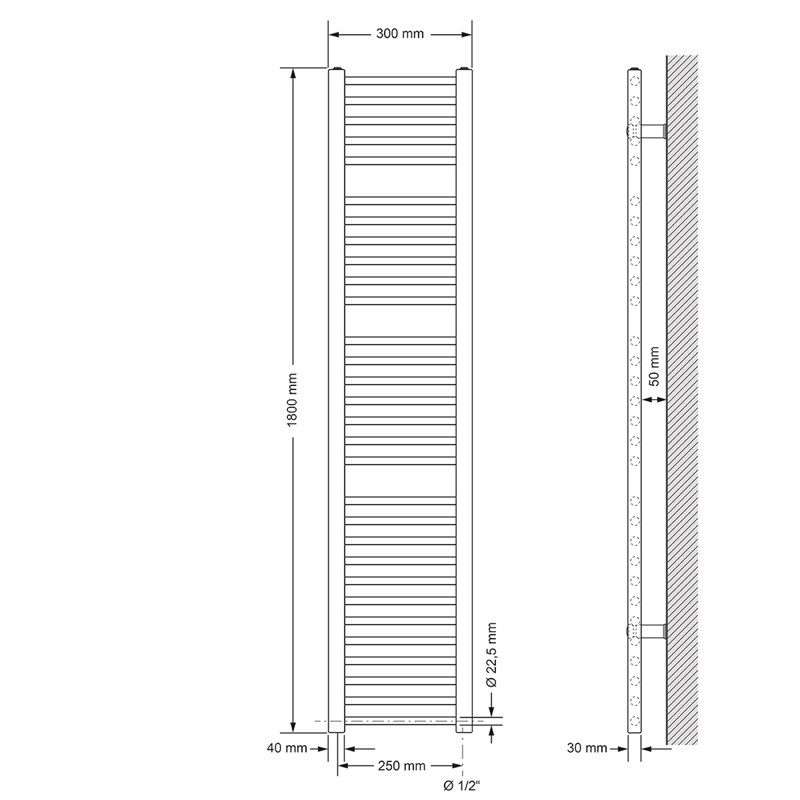 Elektrischer Badheizkörper mit Heizstab 1200W 300x1800 mm Weiß gerade mit Seitenanschluss