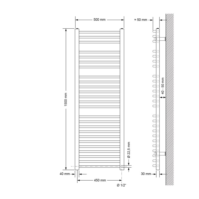 Badheizkörper Elektrisch mit Heizstab 1200W 500x1500 mm weiß gebogen mit Seitenanschluss