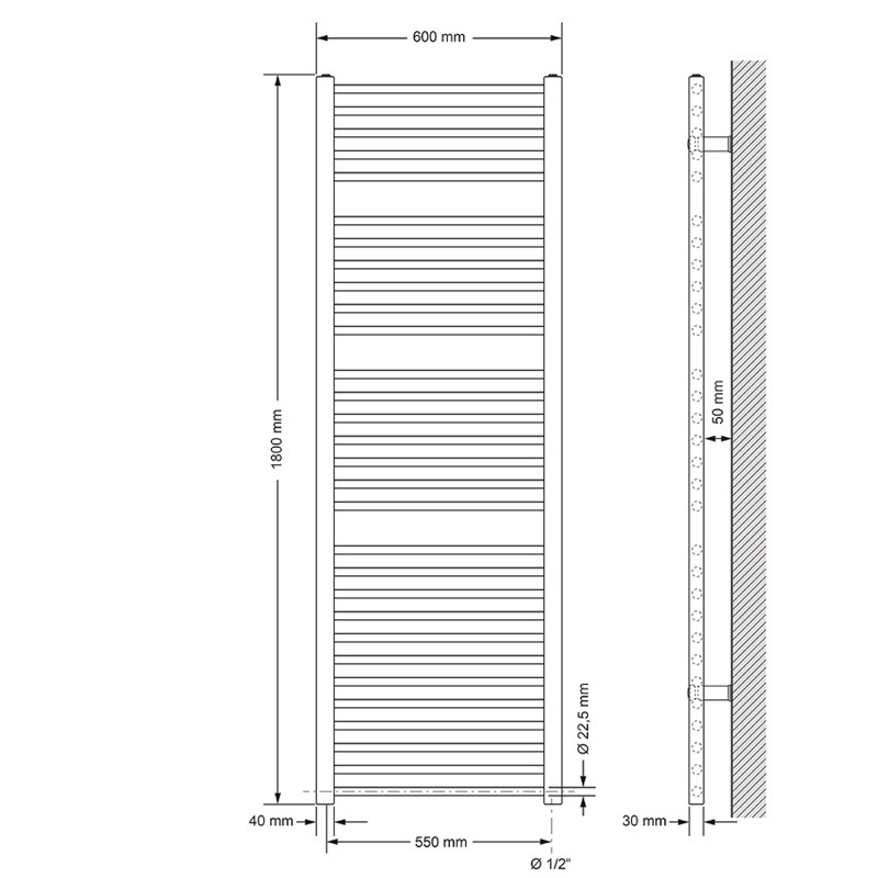 Badheizkörper Sahara mit Heizstab 1200W 600x1800 mm Chrome gerade mit Seitenanschluss