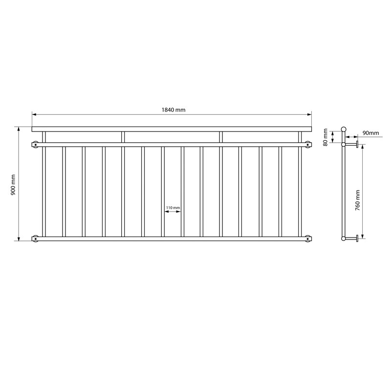 Französischer Balkon glänzend 184x90 cm mit 14 Füllstäben aus Edelstahl
