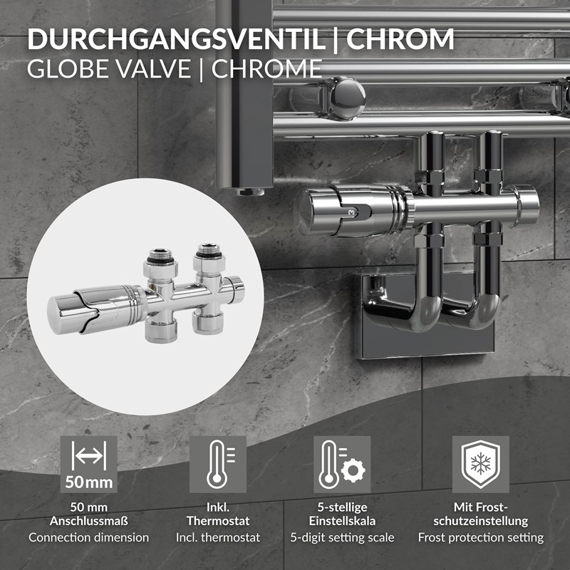Ventil-Armaturen Set Multiblock Chrome Durchgangsform inkl. Thermostatkopf LuxeBath