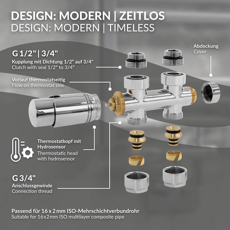Ventil-Armaturen Set Multiblock Chrome Durchgangsform inkl. Thermostatkopf LuxeBath
