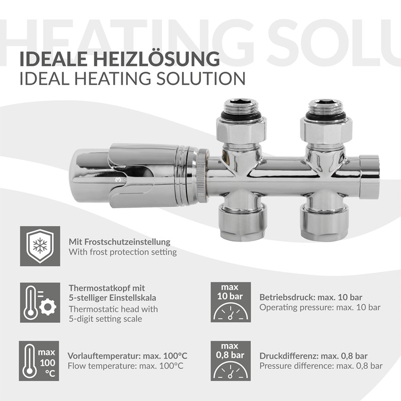 Ventil-Armaturen Set Multiblock Chrome Durchgangsform inkl. Thermostatkopf LuxeBath