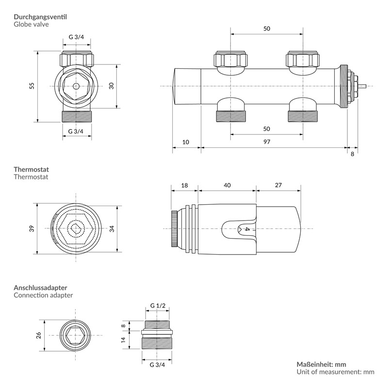 Ventil-Armaturen Set Multiblock Chrome Durchgangsform inkl. Thermostatkopf LuxeBath