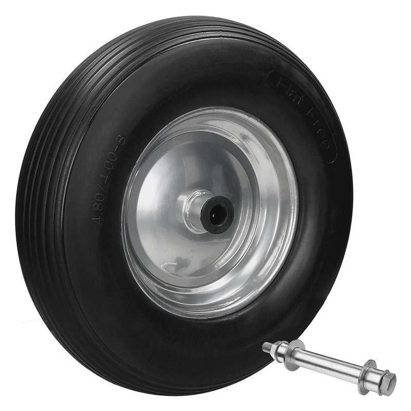Schubkarrenrad 390 mm 4.80/4.00-8 mit Achse Linienprofil Schwarz aus PU Vollgummi Schubkarrenrad 390 mm 4.80/4.00-8 mit Achse Linienprofil Schwarz aus PU Vollgummi