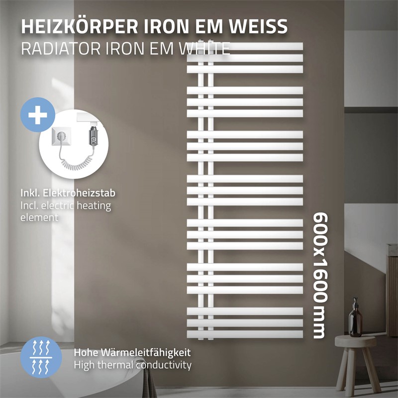 Badheizkörper Iron EM mit Heizstab 1200W 600x1600 mm Weiß