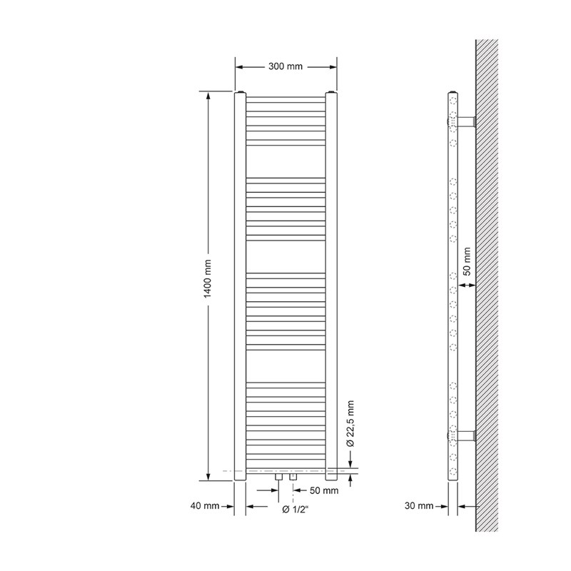 Badheizkörper Mittelanschluss 300x1400 mm Chrome gerade mit Boden Anschlussgarnitur LuxeBath