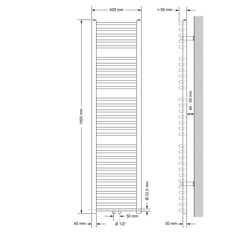 Badheizkörper Mittelanschluss 400x1800 mm Weiß gebogen mit Boden Anschlussgarnitur LuxeBath