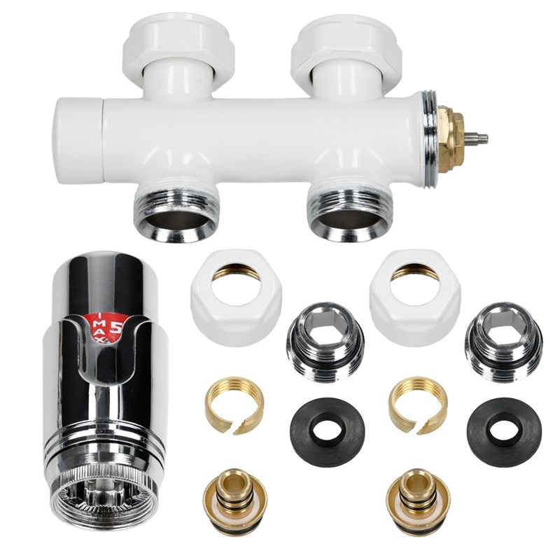 Badheizkörper Mittelanschluss 400x1800 mm Weiß gebogen mit Boden Anschlussgarnitur LuxeBath