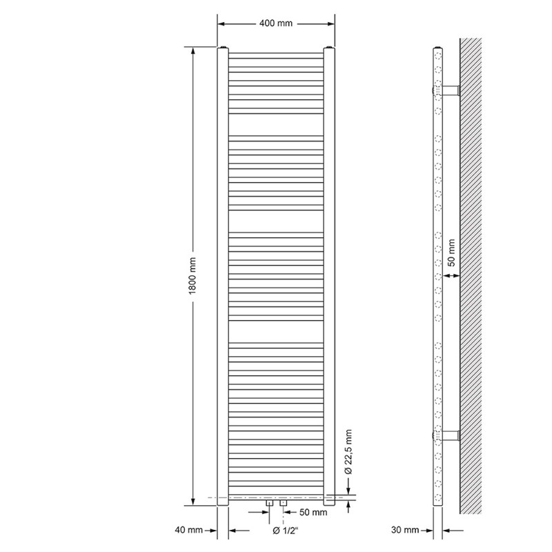 Badheizkörper Mittelanschluss 400x1800 mm Weiß gerade mit Universale Anschlussgarnitur LuxeBath