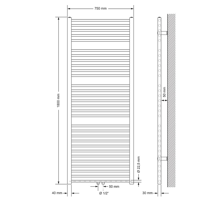 Badheizkörper Sahara 750x1800 mm Weiß gerade mit Mittelanschluss und Wand Anschlussgarnitur