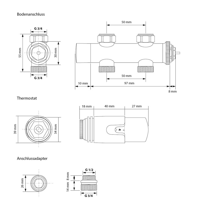 Badheizkörper Mittelanschluss 370x1800 mm Weiß mit Boden Thermostatventil LuxeBath