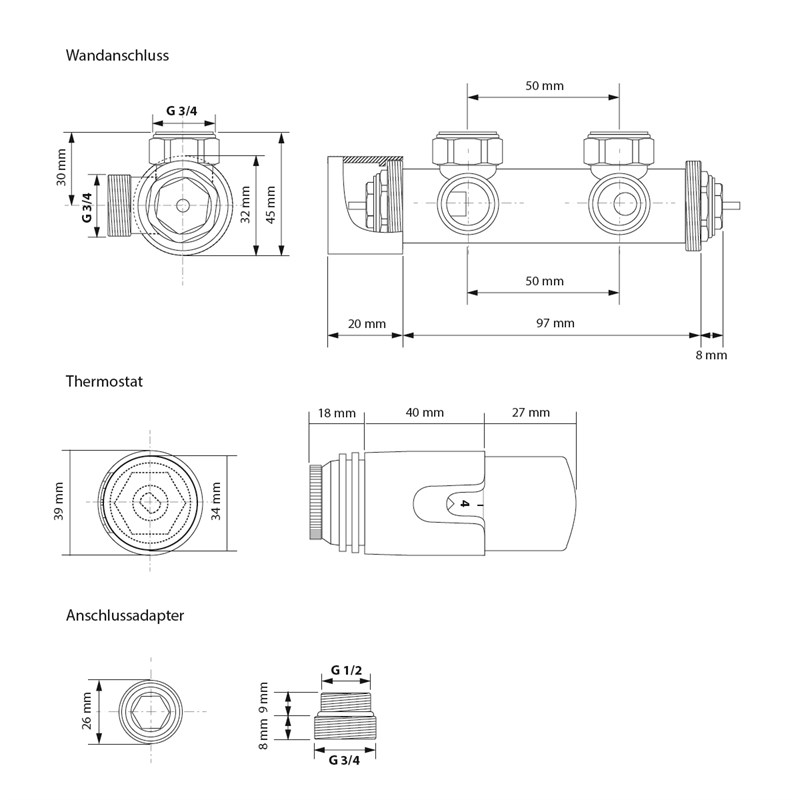 Badheizkörper 480x1600 mm Weiß mit Wand Anschlussgarnitur