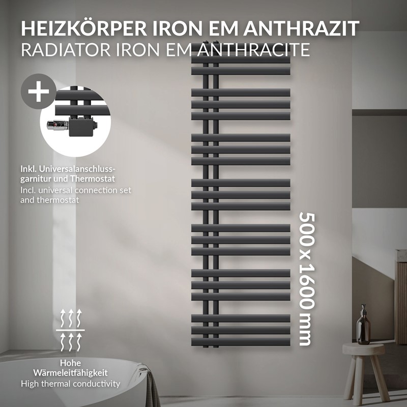 Badheizkörper Mittelanschluss 500x1600 mm Anthrazit mit Universal Anschlussgarnitur LuxeBath