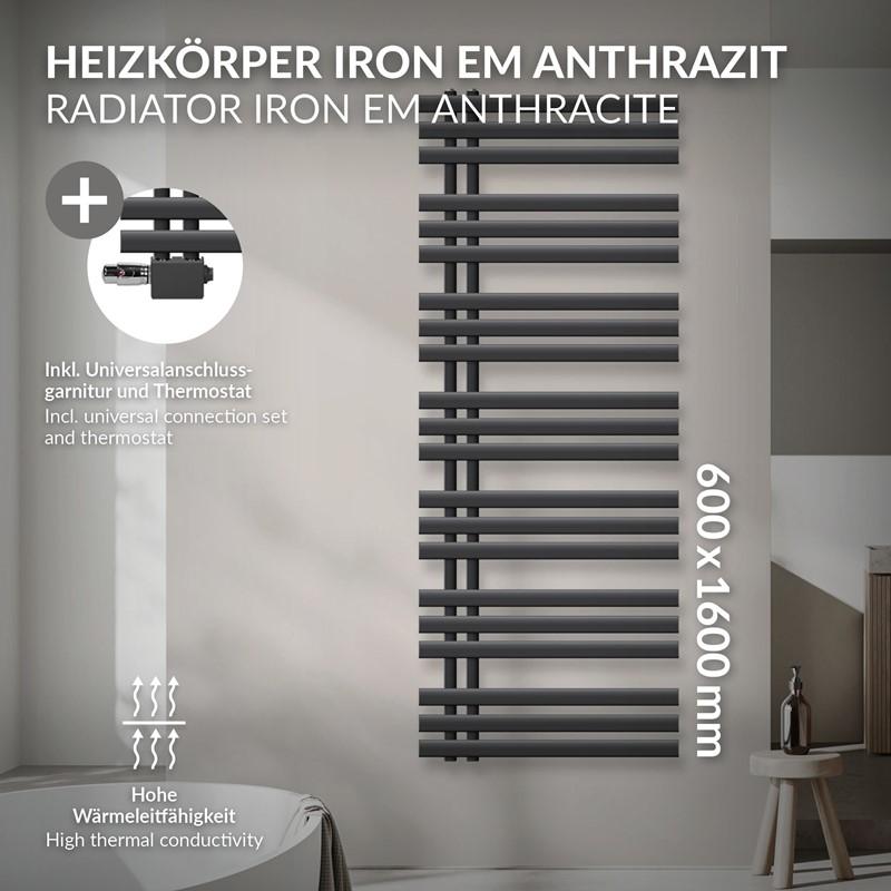 Badheizkörper Mittelanschluss 600x1600 mm Anthrazit mit Universal Anschlussgarnitur LuxeBath