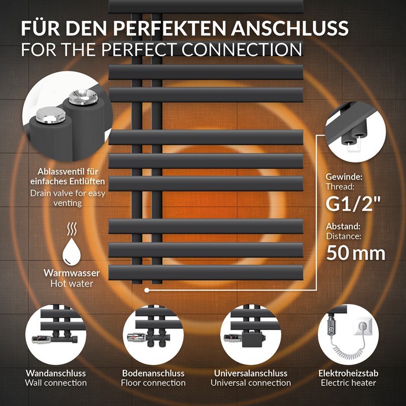 Badheizkörper Mittelanschluss 600x1600 mm Anthrazit mit Universal Anschlussgarnitur LuxeBath