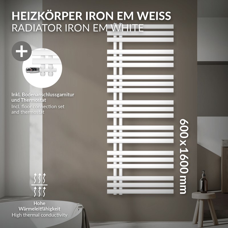 Badheizkörper Mittelanschluss 600x1600 mm Weiß mit Boden Anschlussgarnitur LuxeBath