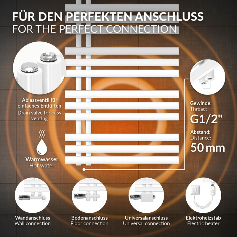 Badheizkörper Mittelanschluss 600x1600 mm Weiß mit Boden Anschlussgarnitur LuxeBath