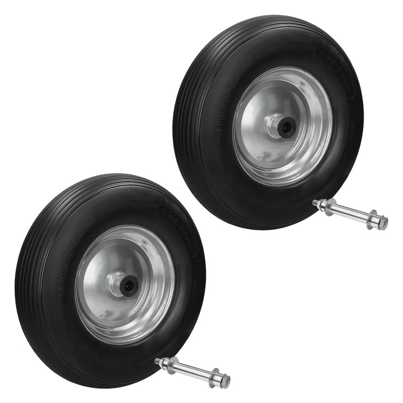 2er Set Schubkarrenrad 390 mm 4.80/4.00-8 mit Achse Linienprofil Schwarz aus PU Vollgummi 2er Set Schubkarrenrad 390 mm 4.80/4.00-8 mit Achse Linienprofil Schwarz aus PU Vollgummi