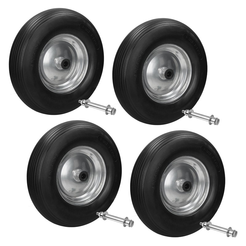 4er Set Schubkarrenrad 390 mm 4.80/4.00-8 mit Achse Linienprofil Schwarz aus PU Vollgummi 4er Set Schubkarrenrad 390 mm 4.80/4.00-8 mit Achse Linienprofil Schwarz aus PU Vollgummi