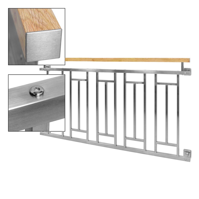 Französischer Balkon Silber 90x156 cm mit 5 Füllelementen, Holzoptik aus Edelstahl