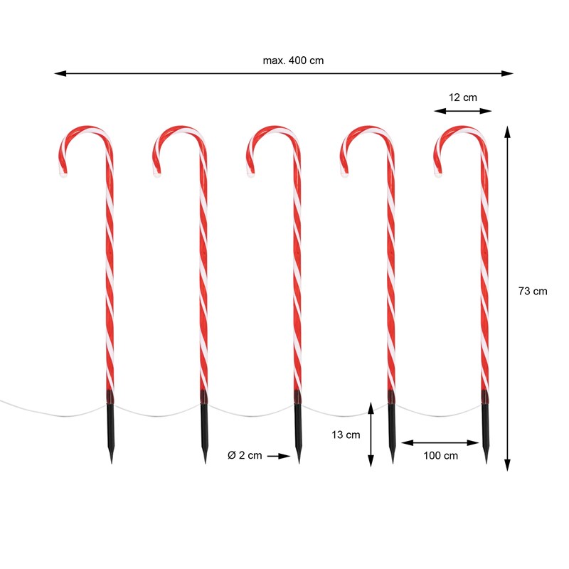 Zuckerstangen Gartenstecker 5er Set 73x400 cm mit 56LED warmweiß aus Kunststoff